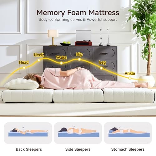 Foldable Mattress Tri-Fold Memory Foam Mattress Topper with Full 4 Inch