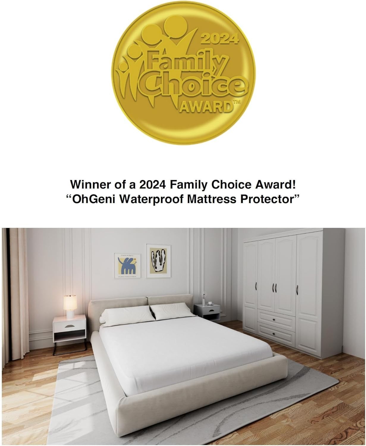 OhGeni 100% Waterproof Mattress Protector, Queen Size, Fitted Queen, White