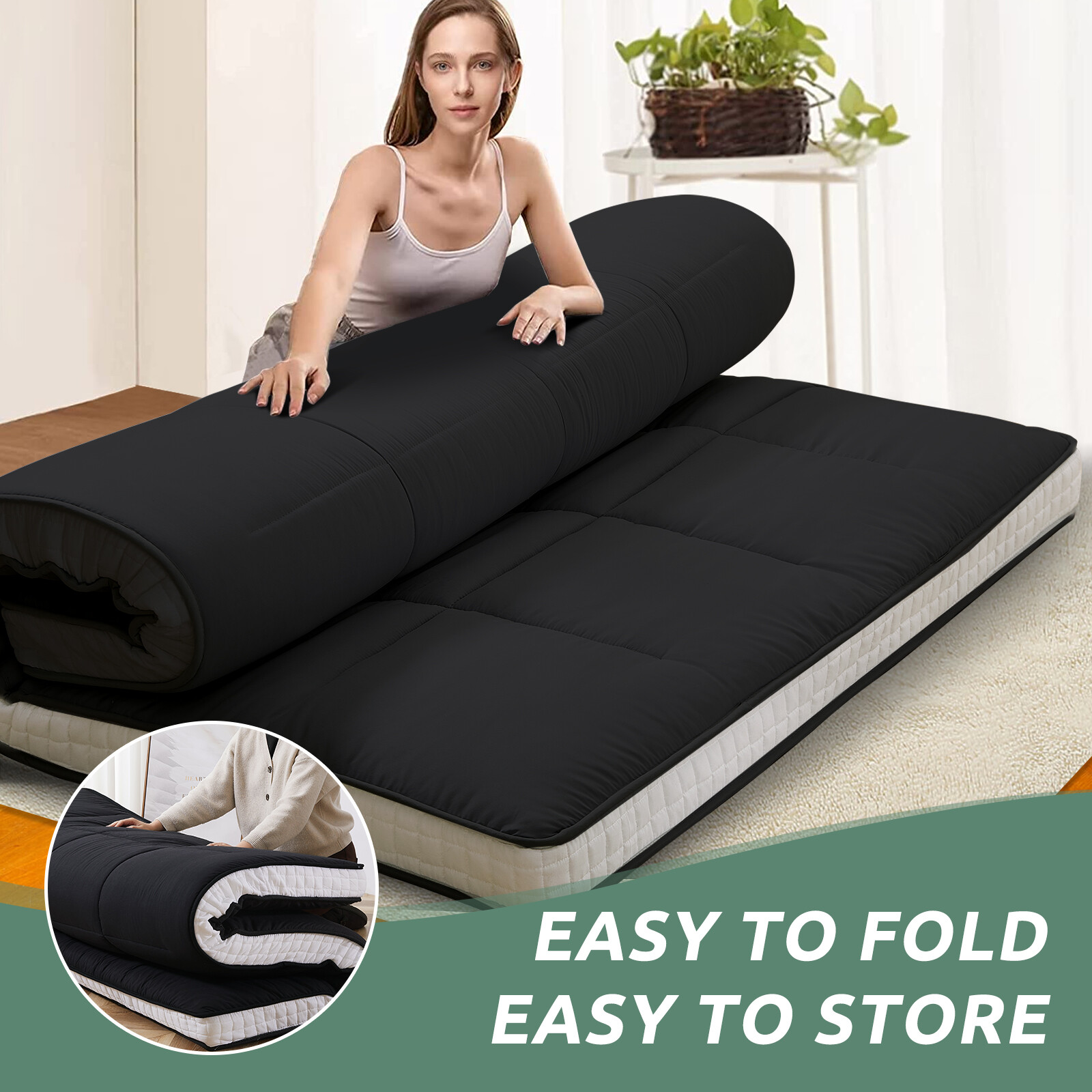 MOPHOTO Japanese Floor Mattress Wave Quilting Shiki Futon Twin Size Black Mat