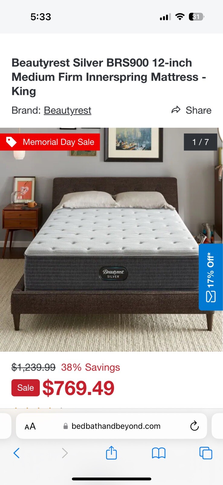 Simmons Beautyrest Silver BRS900 Plush King Mattress Set with Box Spring