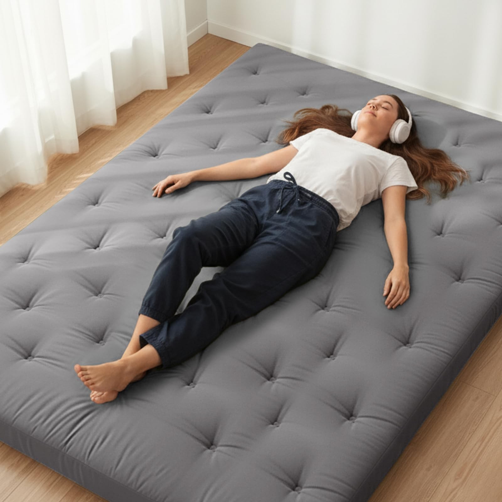 Japanese Floor Futon Mattress Queen Size 80″x 60″, 100% Cotton Cover 2.5» Th…
