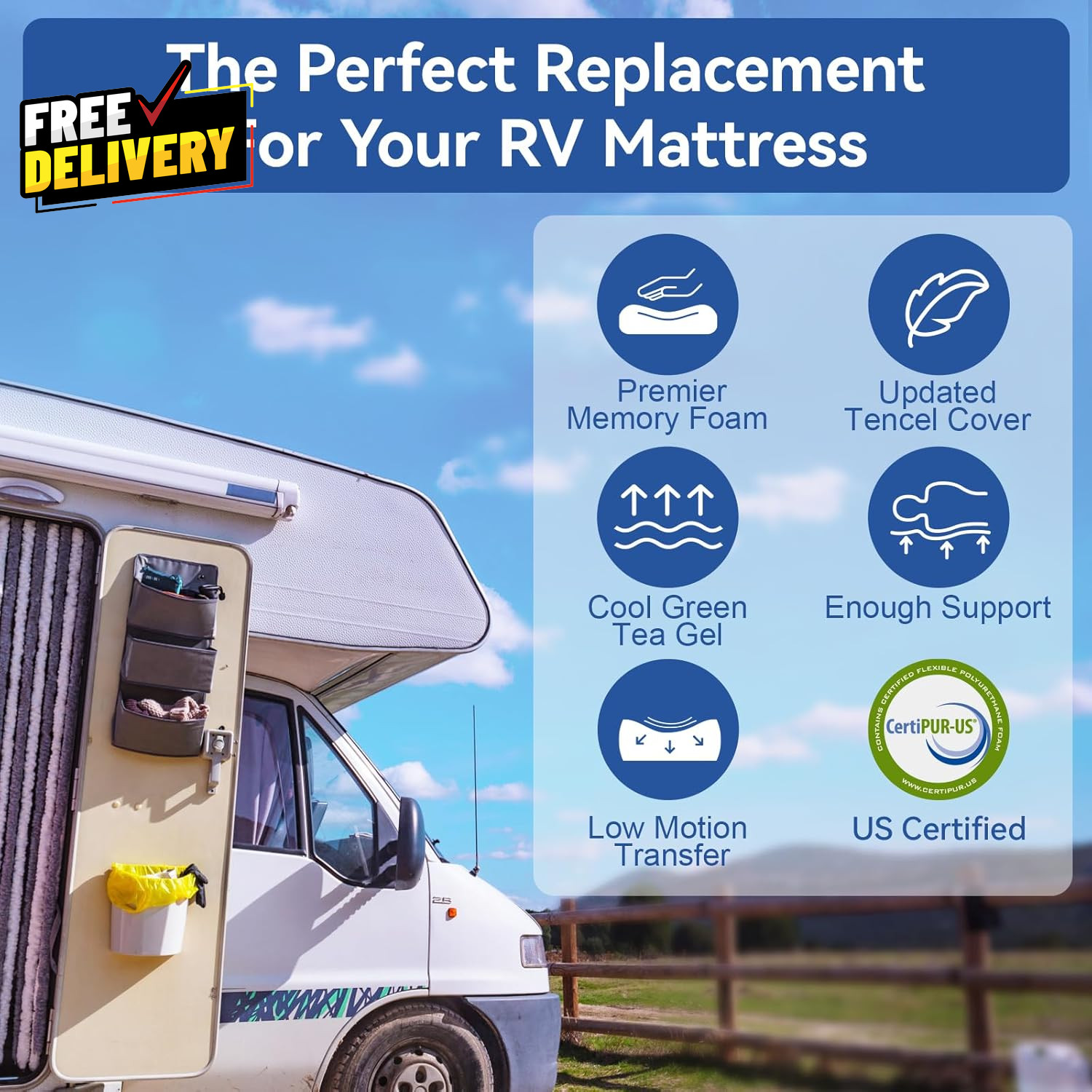Short Queen RV Mattress 10 Inch with Tencel Cover Premier Cooling Green Tea/G…