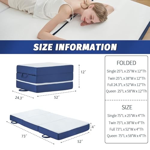 Folding Mattress Size,4 inch Memory Foam Tri Portable Trifold Queen 4 Inch