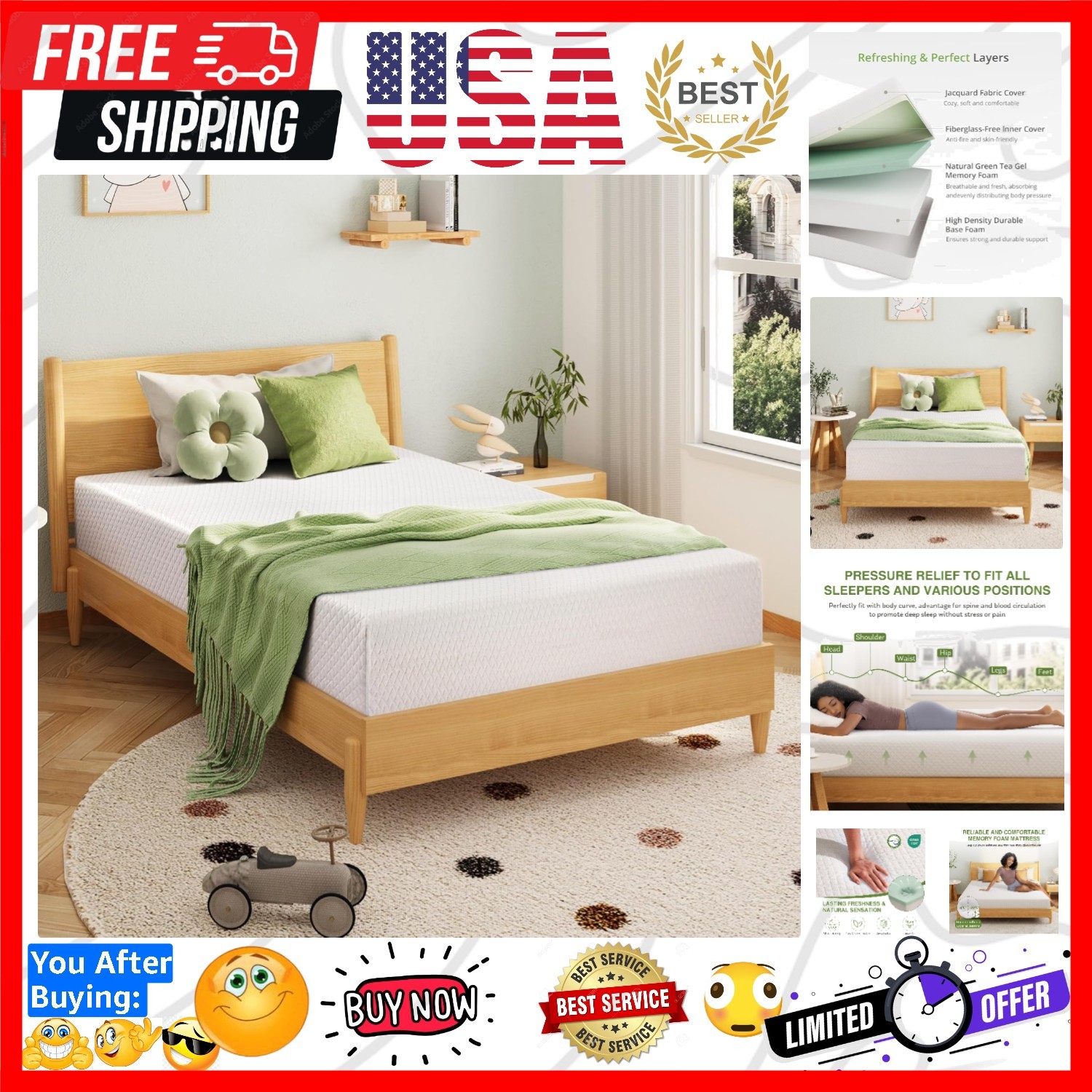 6 Inch Twin Mattress for Kids, Memory Foam Mattress with Cooling Green Tea Ge…