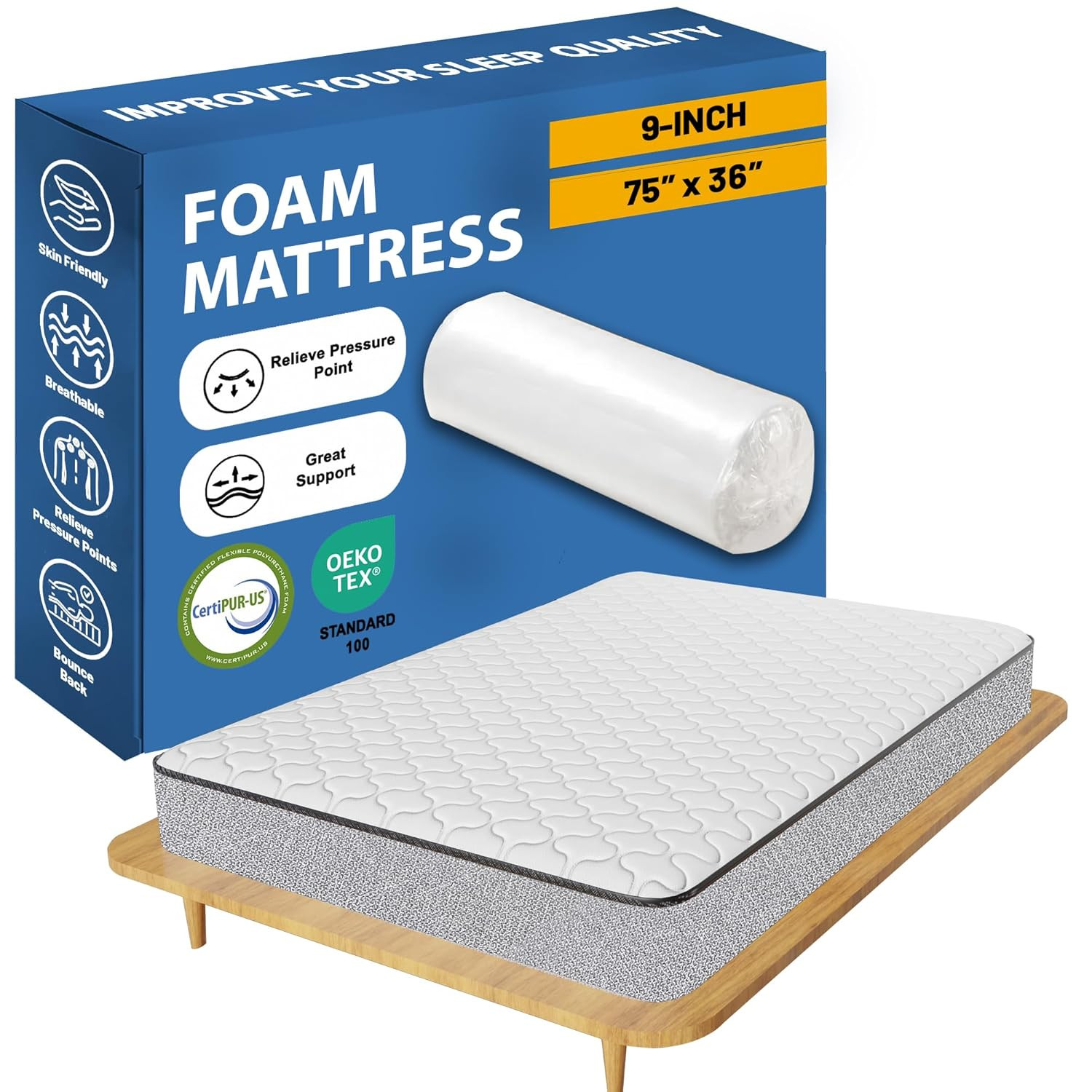 9-Inch Medium Firm Foam Mattress for Cooler Sleep & Pressure Relief, 75″x36