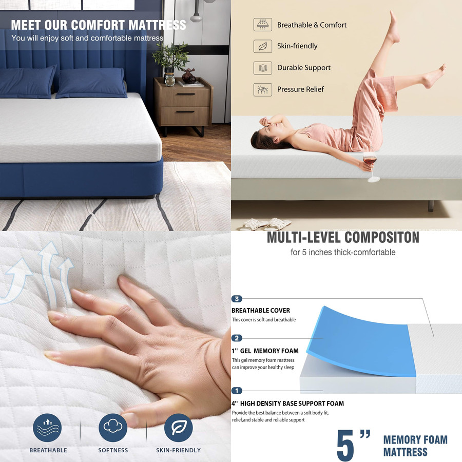 KING Bed Gel Memory Foam Mattress Pressure Breathable CertiPUR-US Certified 5″
