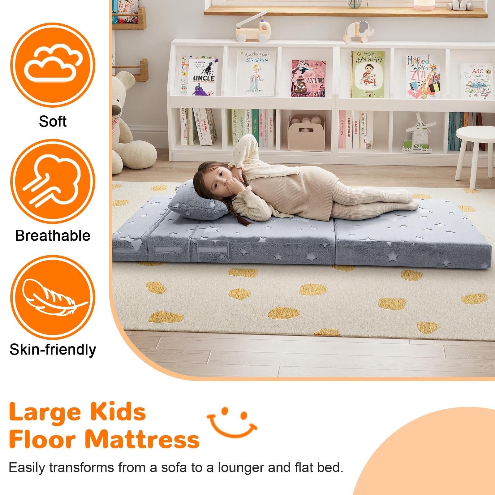 Kids Tri-Fold Sofa Bed – Glow Star Floor Mattress & Foldable Futon Chair Conv…
