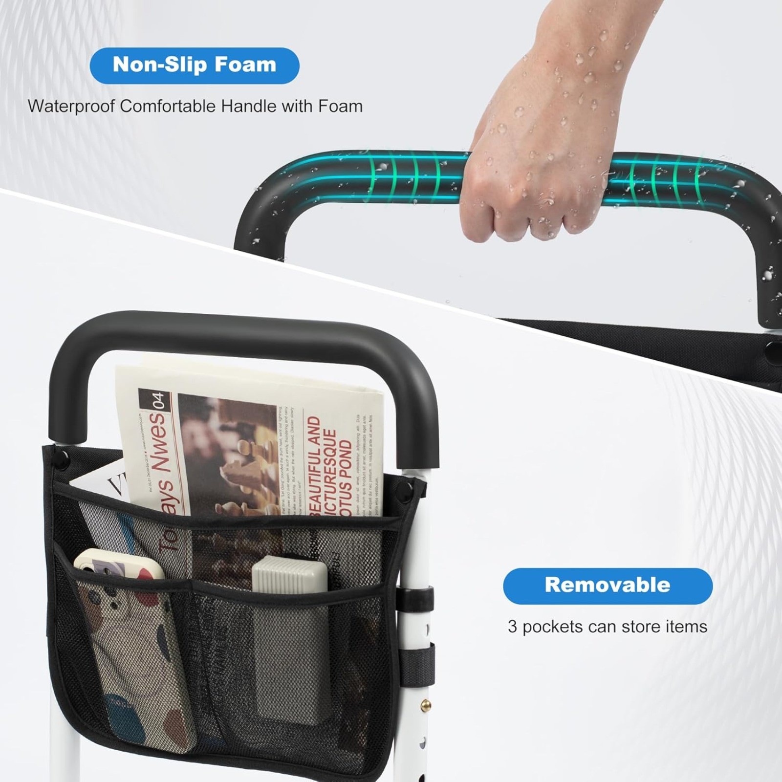Adjustable Bed Assist Rails Bed Side Safety Handle for Seniors W/ Storage Pouch