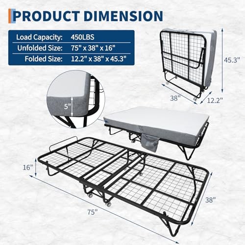 Folding Bed with 5″ Memory Foam Mattress, 75″ x 38″ Portable Twin XL Black