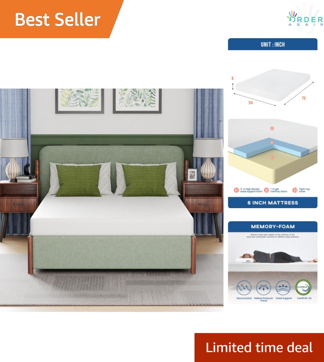 Full Mattress Gel Memory Foam 6 Inch Bed in a Box Pressure Relief Cooling