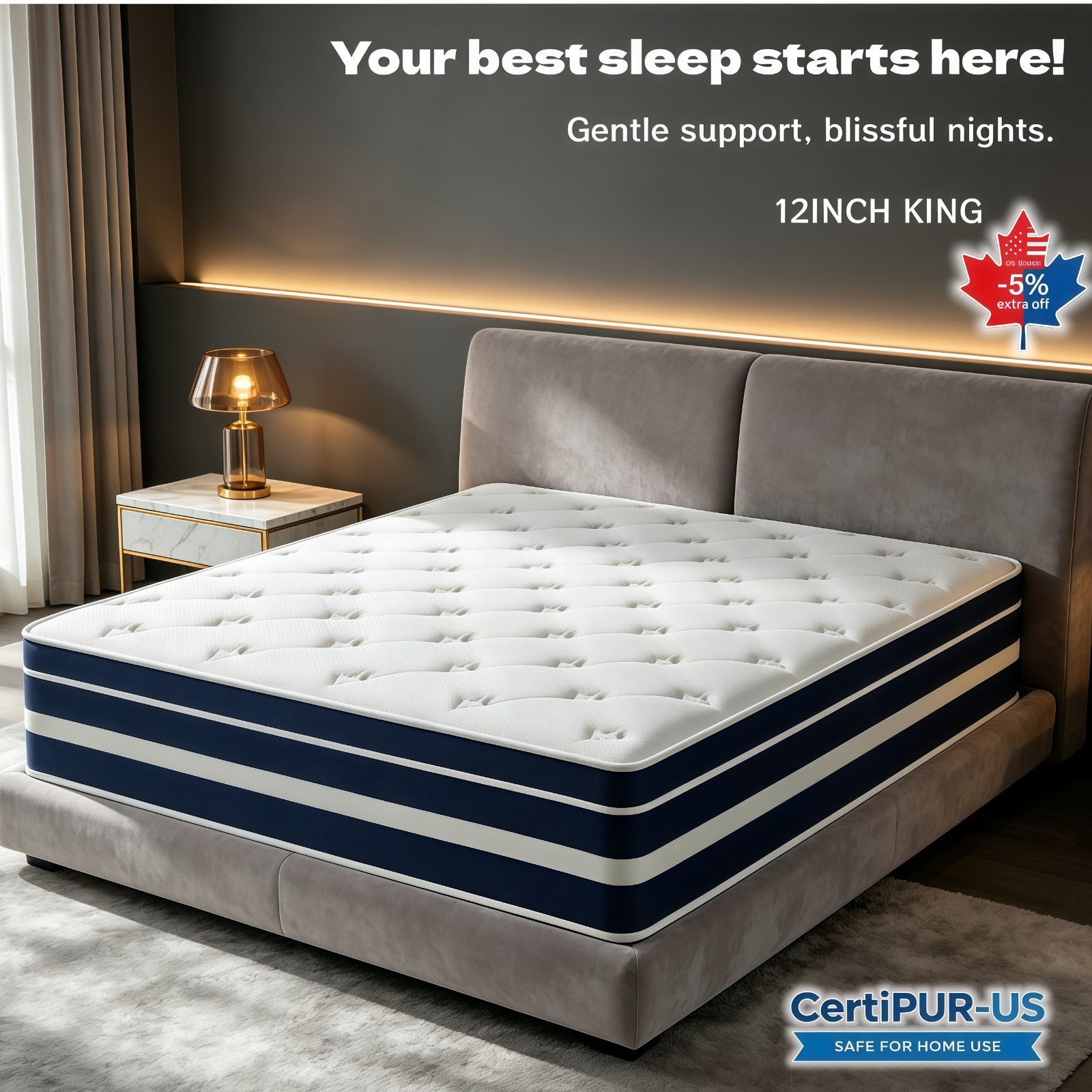 12in Gel Memory Foam & Spring Hybrid Mattress Breathable King size Bed In a Box