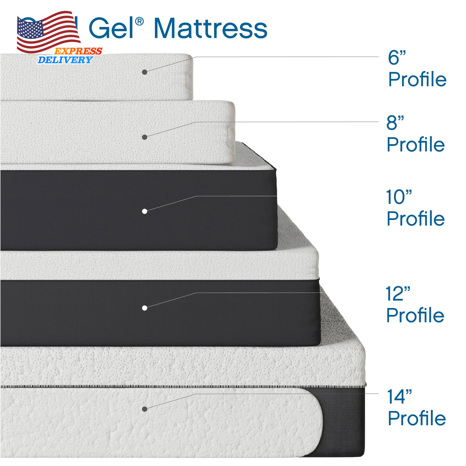 12″ King Medium Tight Top Gel Memory Foam Mattress Grey FREE SHIPPING USA