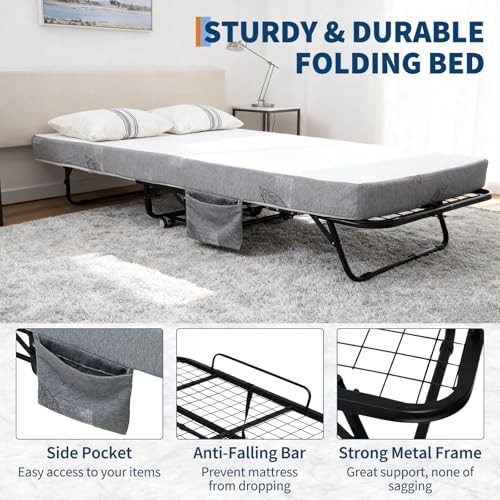 Folding Bed with 5″ Memory Foam Mattress, 75″ x 38″ Portable Twin XL Black