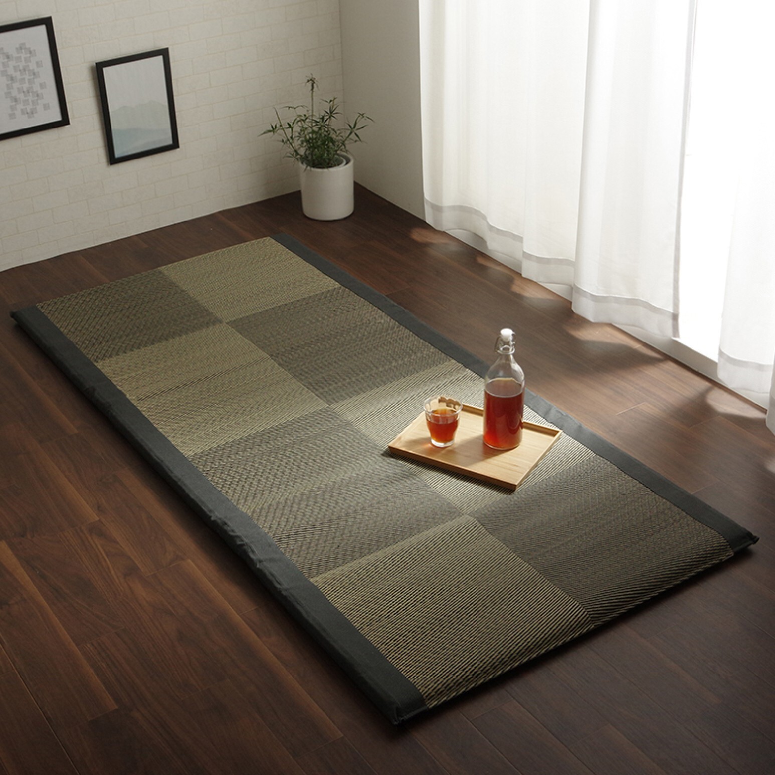 IKEHIKO Tatami Mattress Japanese rush grass Twin Foldable Bed Futon Black 1372