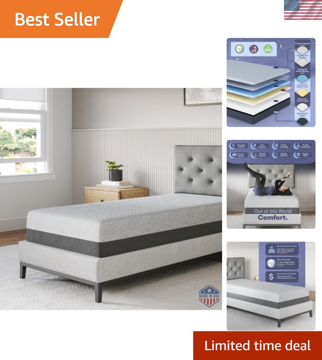 Gel Memory Foam Mattress in a Box Twin Firm Cooling Pressure Relief CertiPUR