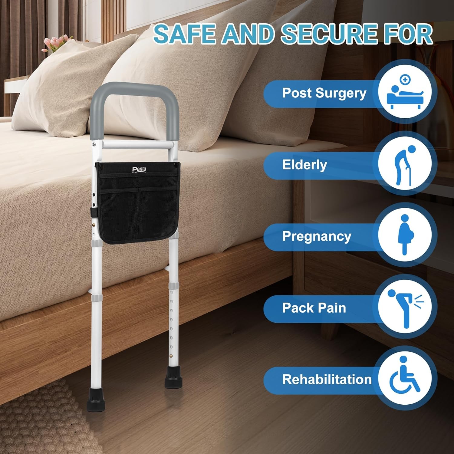 Bed Rails for Elderly Bed Side Assist Rail With Storage Pouch Height Adjustable