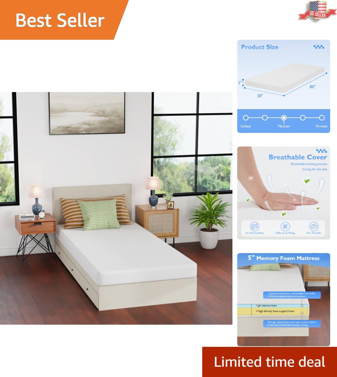 Pressure Relief Twin XL Mattress with Removable Cover – CertiPUR-US Certified