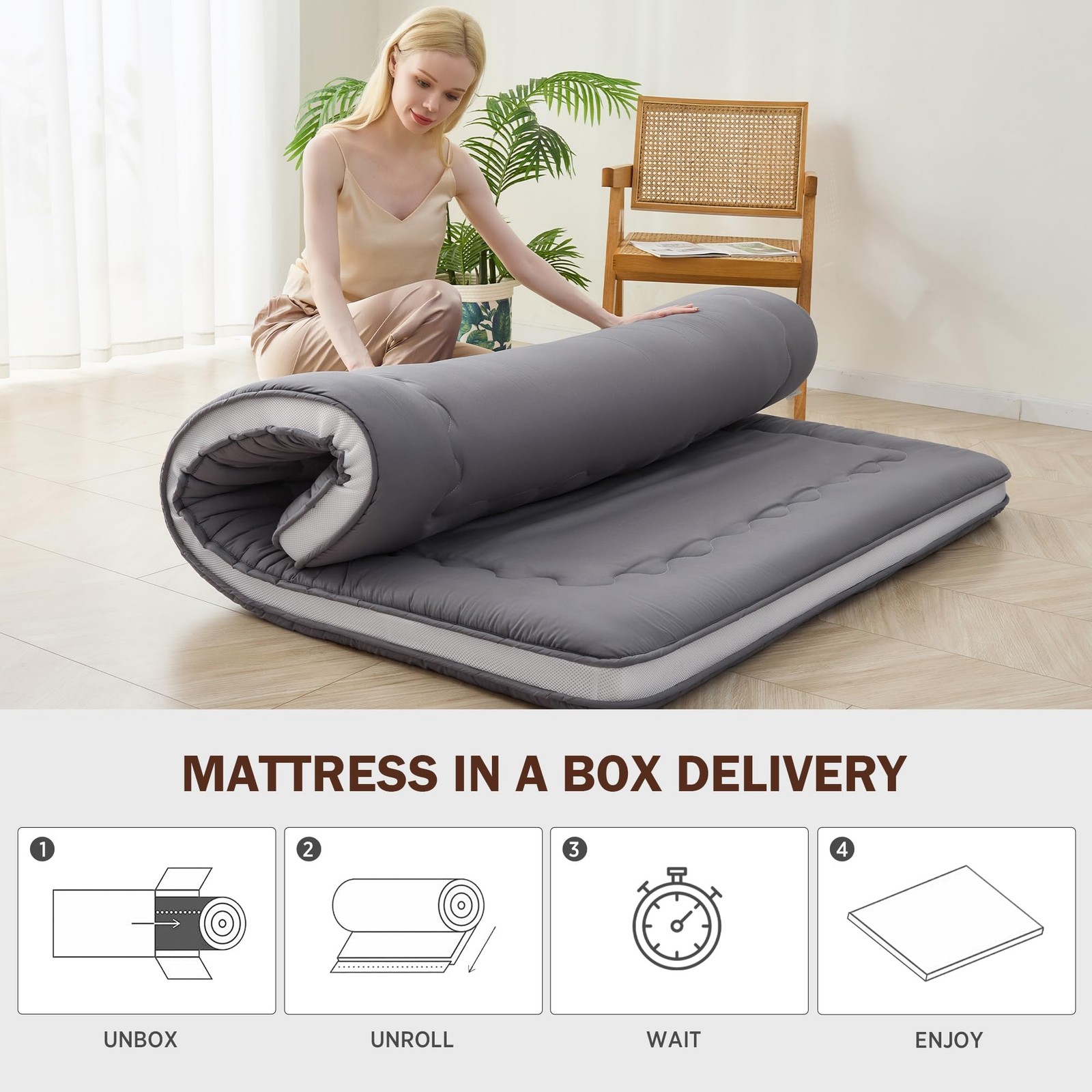 Japanese Floor Mattress, Thicken 4″ Japanese Futon Mattress, Foldable & Porta…