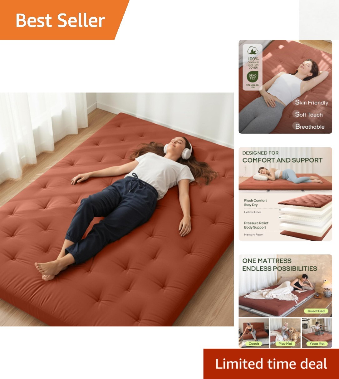 Multifunctional Folding Futon Mattress, 100% Cotton, Ideal for Adults on the Go