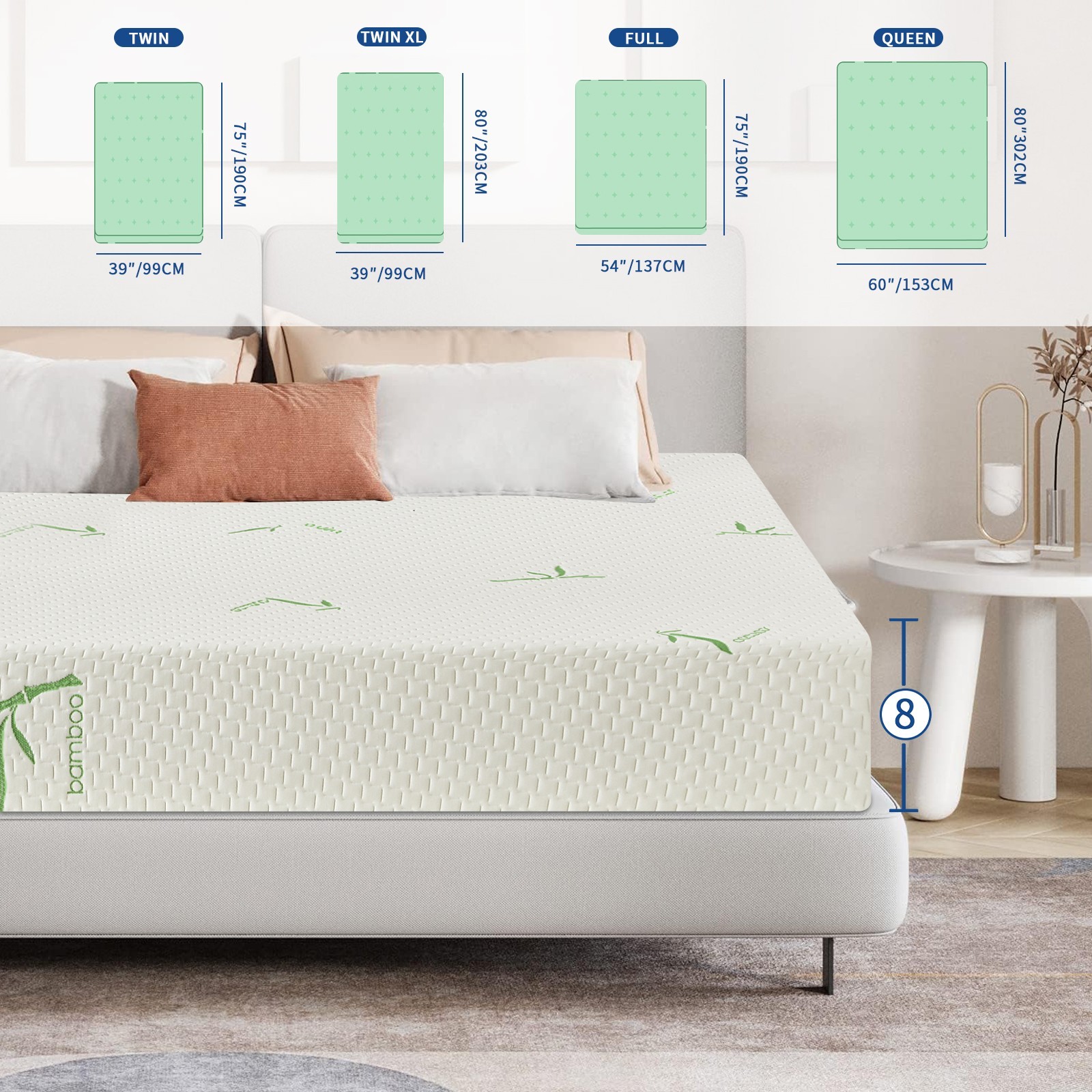 8″ Twin Cooling Gel Memory Foam Mattress with Bamboo Cover for Back Pain Relief
