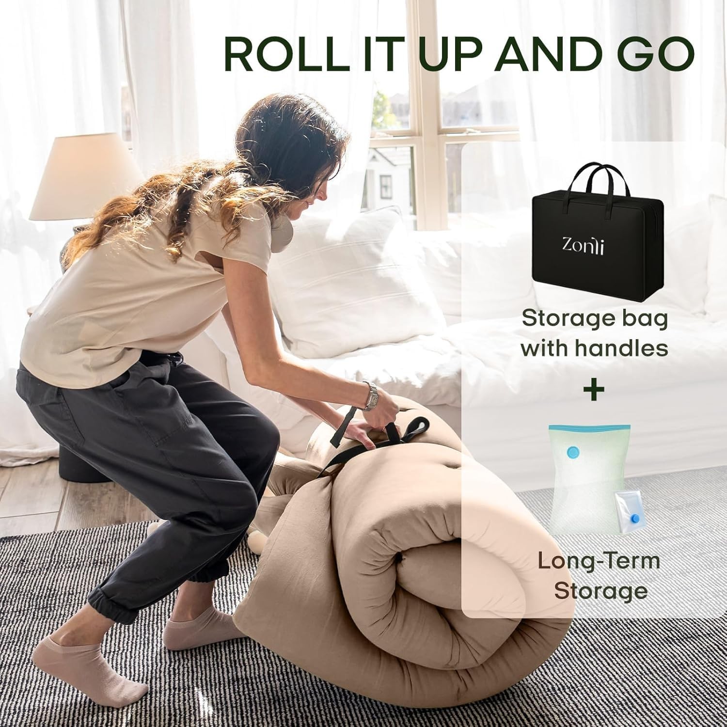 Japanese Floor Futon Mattress Full Size 75″x 54″, 100% Cotton Cover 2.5» Thi…