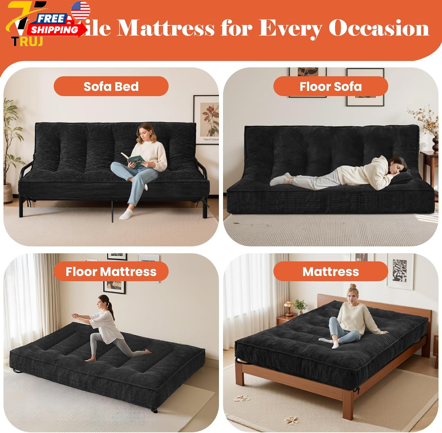 8″ Futon Mattress Full Size Futons Sofa Bed Sleeper Couch Bed Roll Up Mattress w
