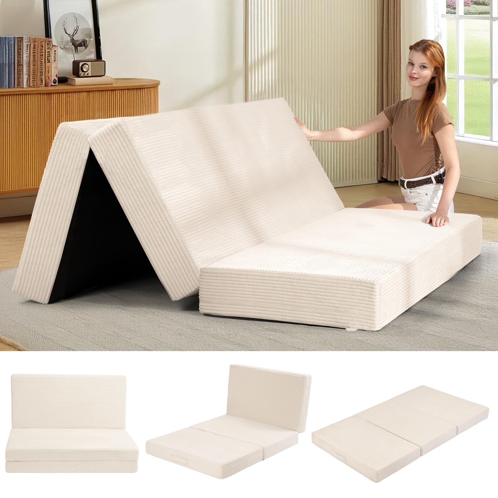6-Inch Tri-Folding Mattress Queen Size – Foldable Futon Sofa Bed with Removab…