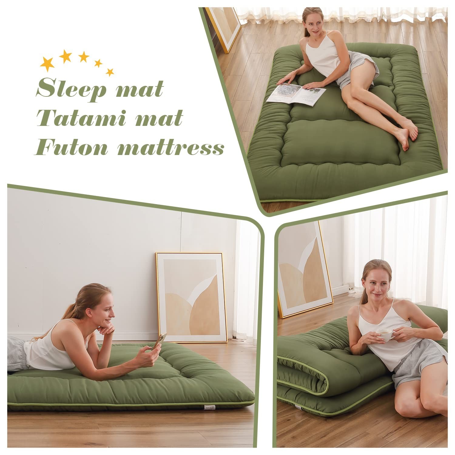 Japanese Floor Mattress Futon with Washable Cover & Storage Bag, Roll Up Tatami