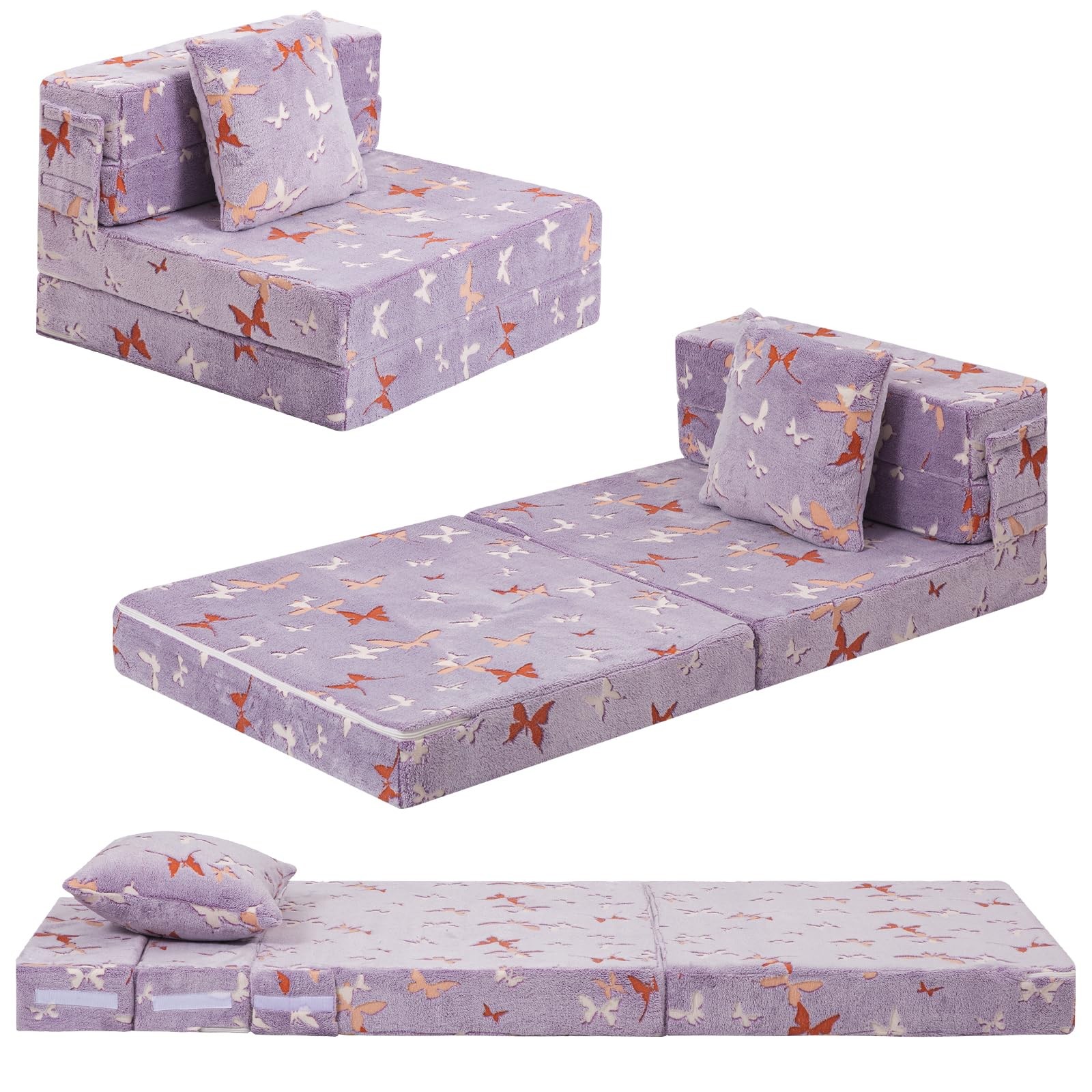 Foldable Futon Chair Bed for Kids, Glow Tri-fold Sofa Bed Convertible Toddler…