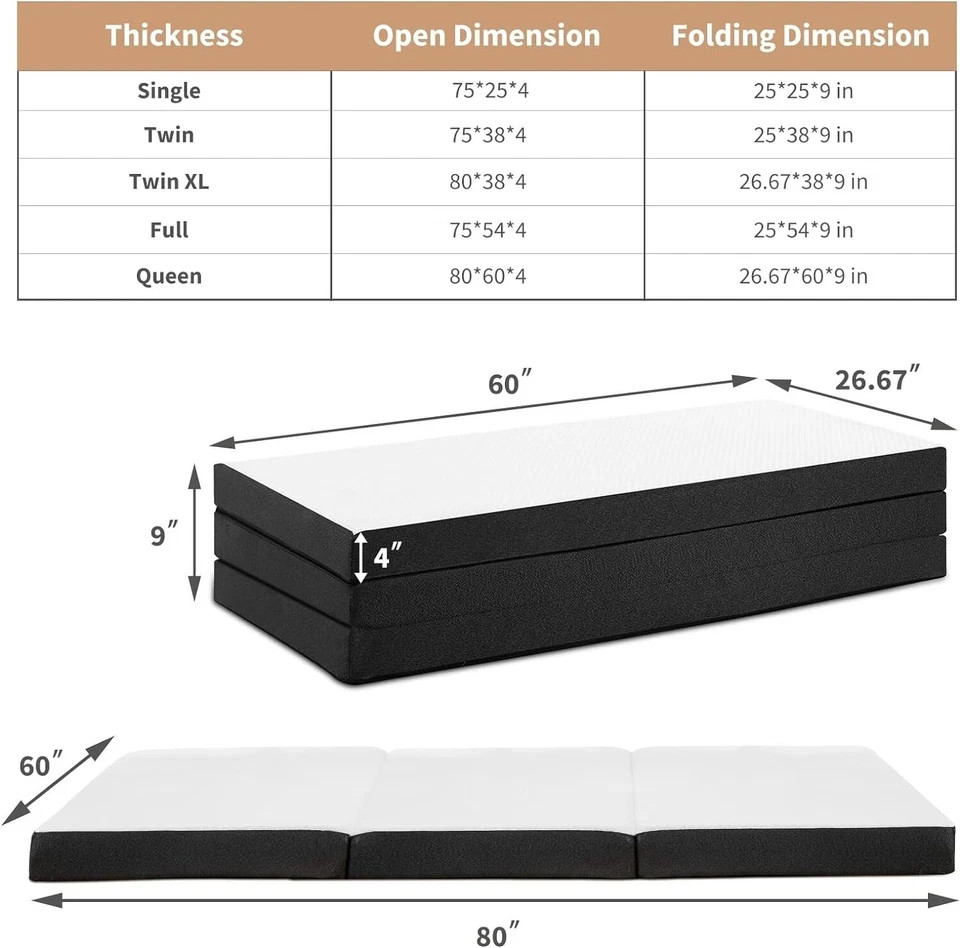 4″ Tri-Fold Memory Foam Mattress Foldable Mattress Topper with Washable Cover