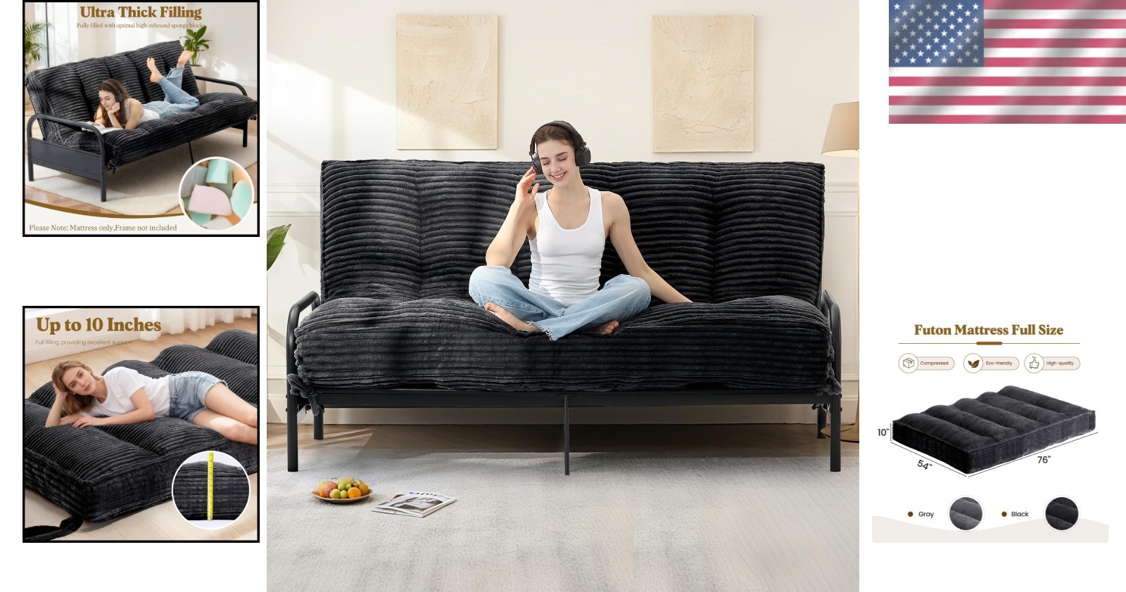 10″ Futon Mattress Queen Size Futons Sofa Couch Bed with Straps Thick Corduroy