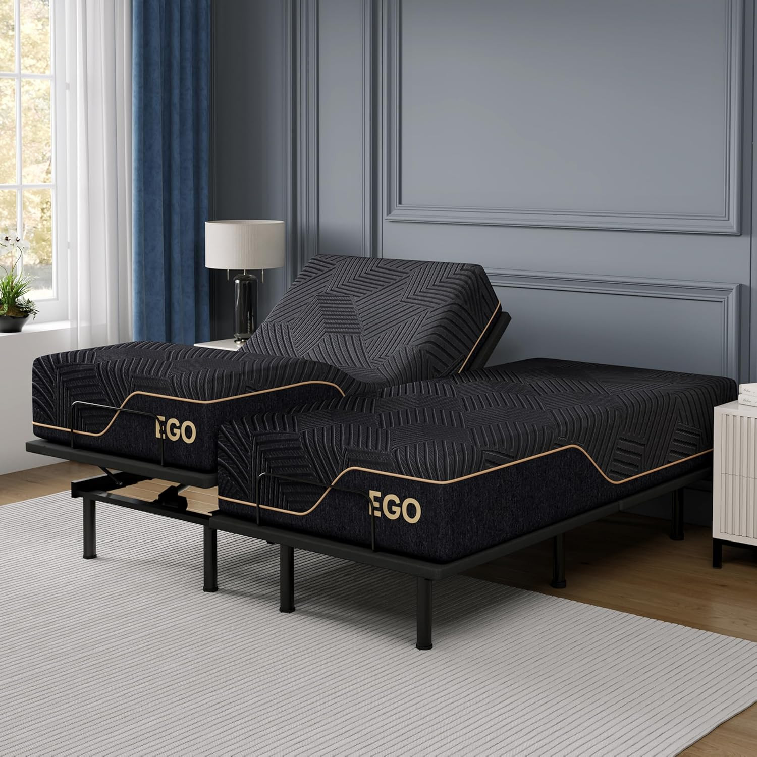 Split King Adjustable Bed Frame & 14″ Cooling Memory Foam Mattress Set