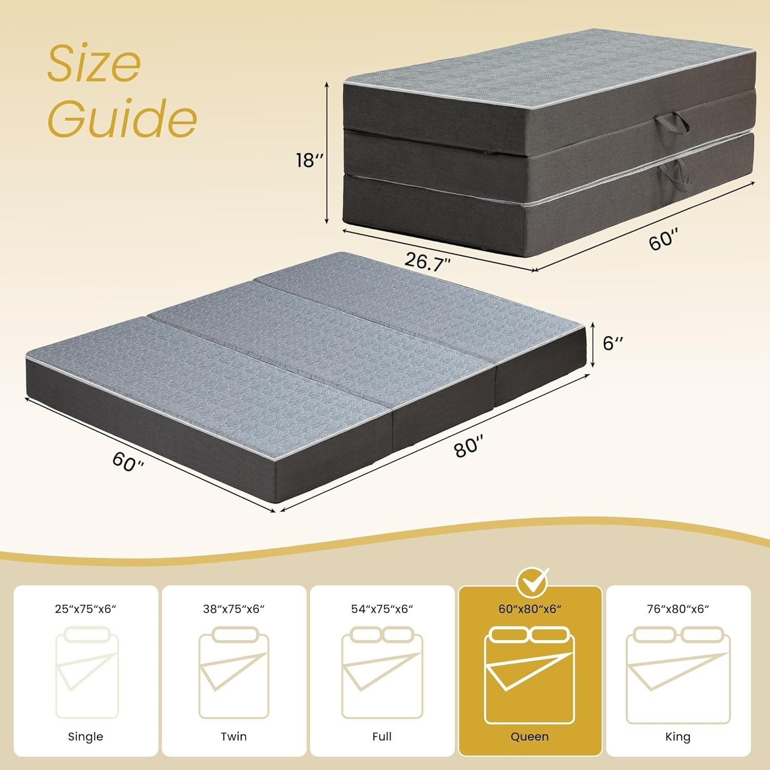 Tri Folding Mattress Queen Size – 6 Inch Dual-Layer Memory Foam Foldable Mattres