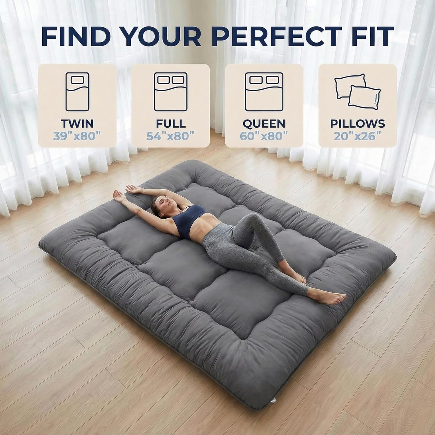 Japanese Floor Mattress Futon Mattress, 3.5 Inch Thick Foldable Roll up Tatami M