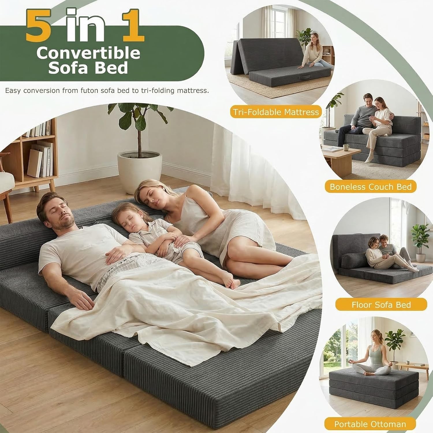 6 inch Tri-Folding Mattr Full Size, Convertible Sofa Bed Foldable