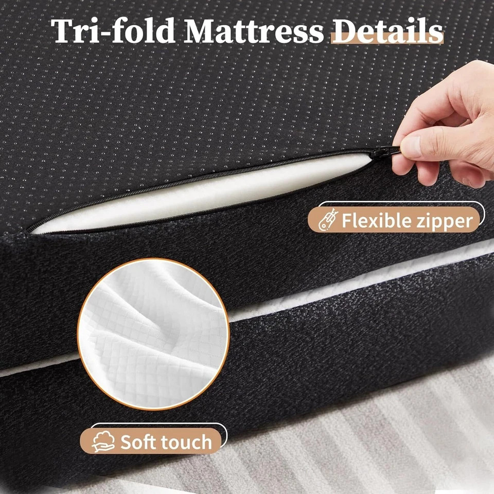 4″ Tri-Fold Memory Foam Mattress Foldable Mattress Topper with Washable Cover