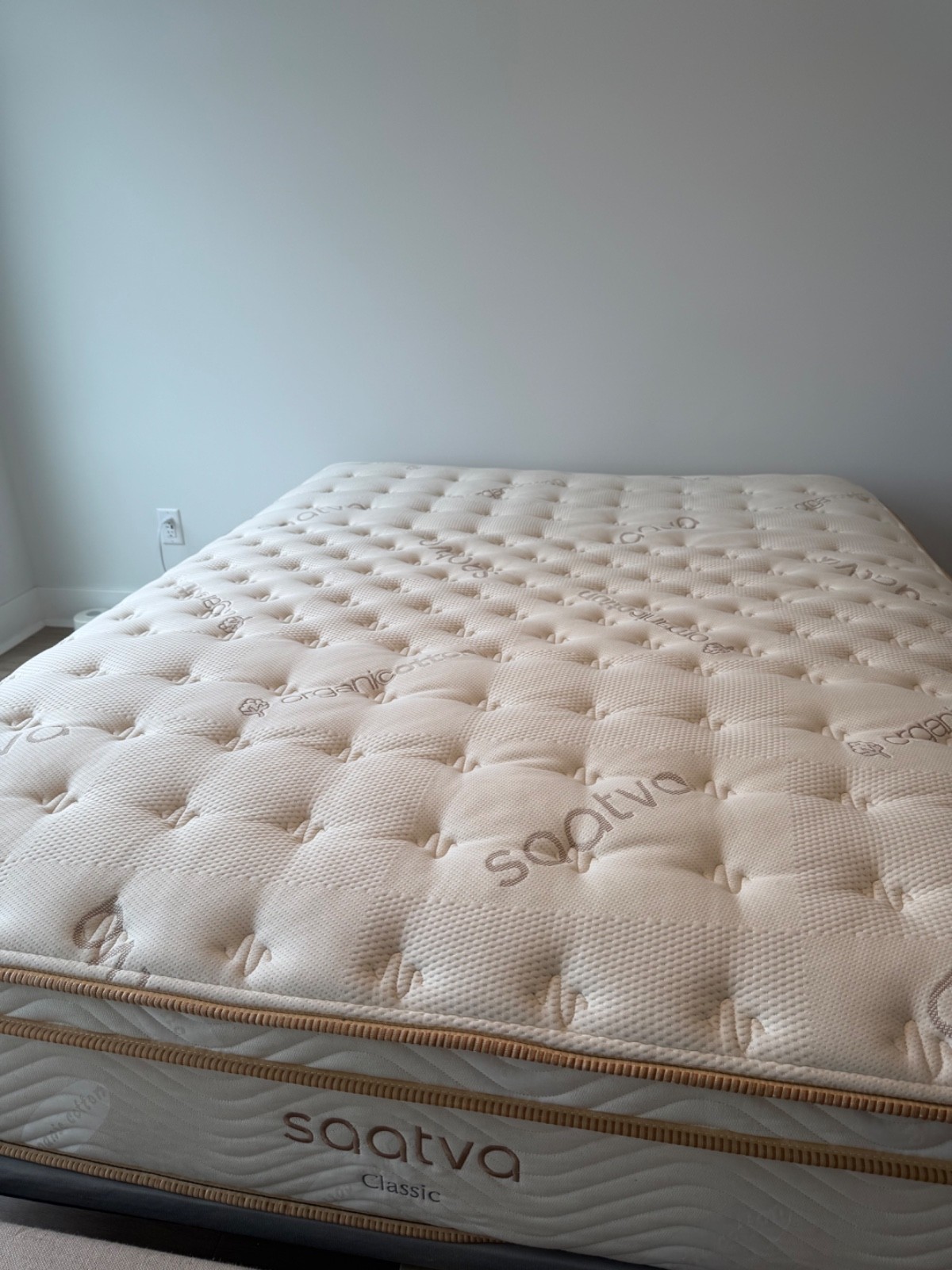 saatva luxury mattress (queen) and linen platform frame. Less than a year old.