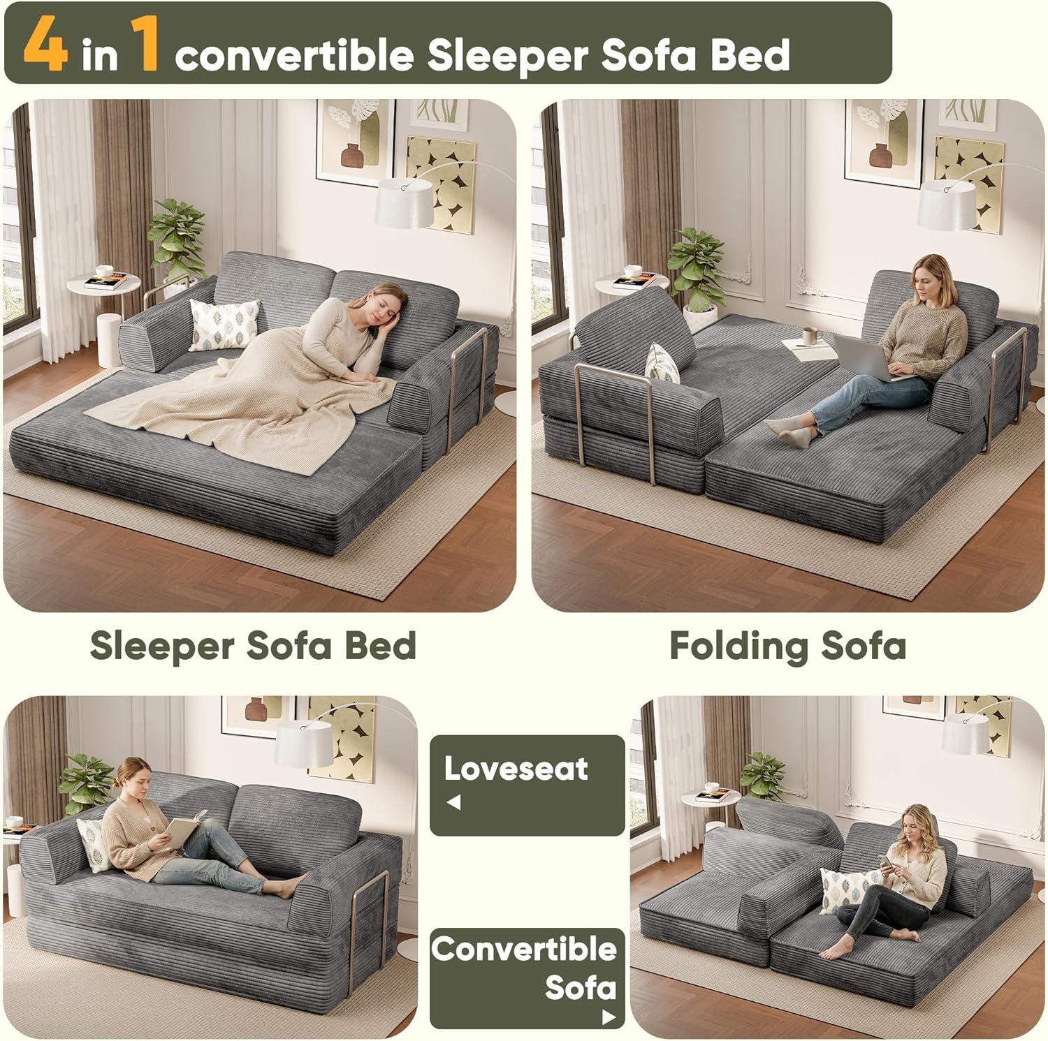 4-in-1 Convertible Sofa Bed, Oversized Bonel Couch with 4 Fre