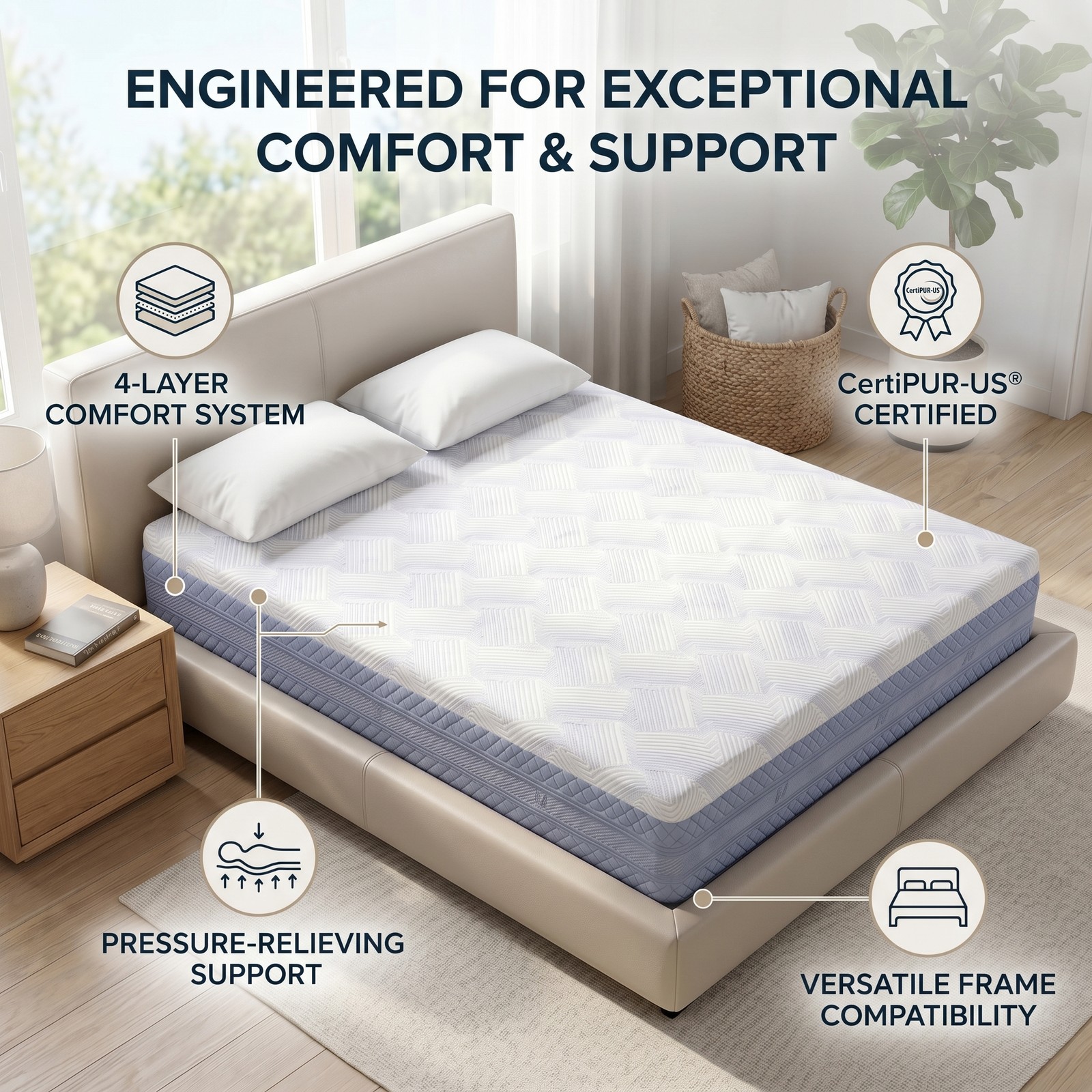 Queen Size Memory Foam Mattress Multi-Layer Construction All Night Comfort &