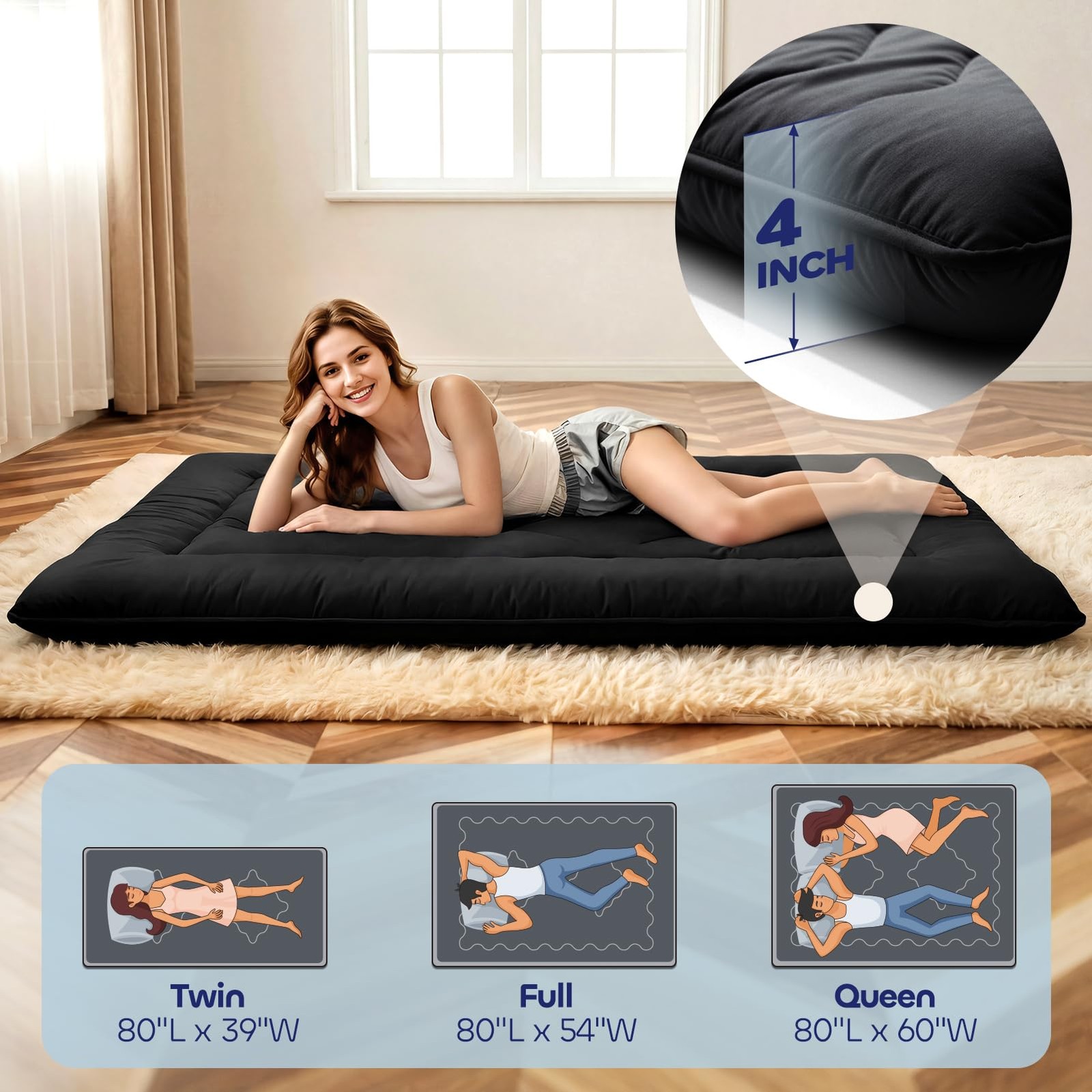 4″ Thick Japanese Floor Mattress – Space Saving Foldable Floor Mattress for G…