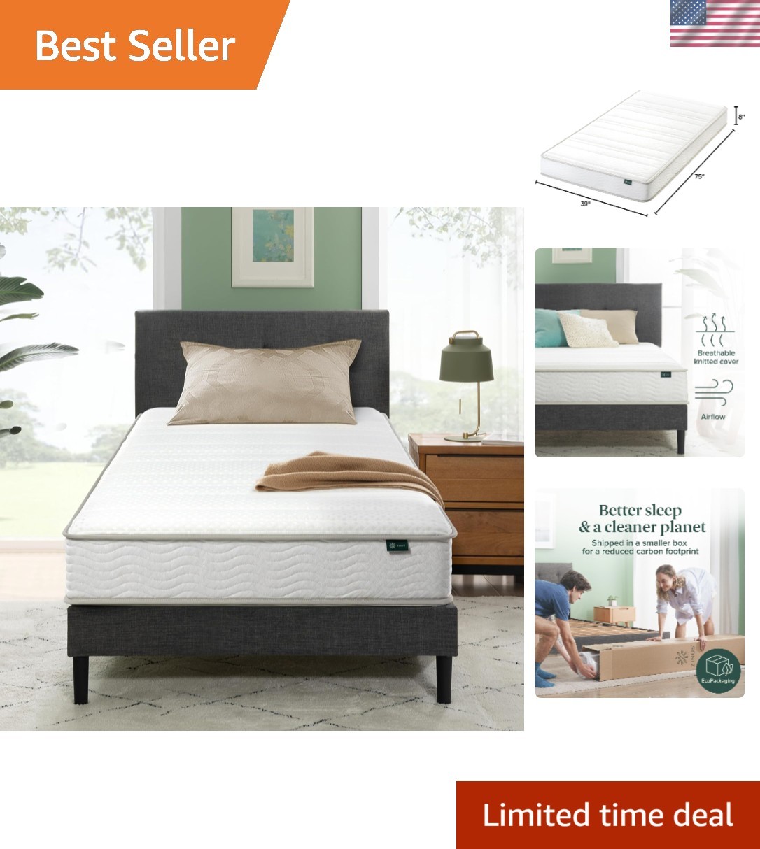 Certified Safe 8-Inch Hybrid Mattress – Twin, Medium Firmness, Durable Support