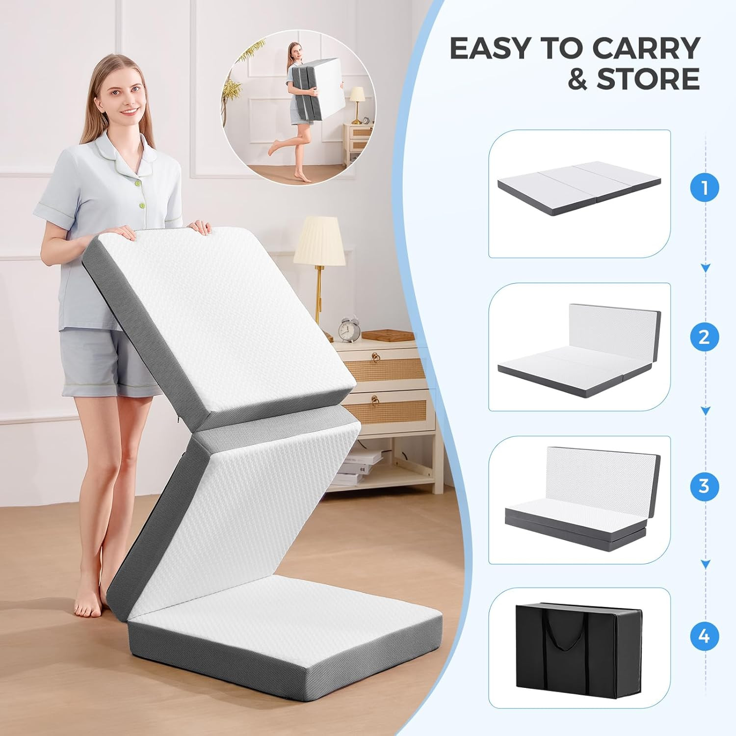 MASVIS Trifold Mattress, 4 Inch Memory Foam Foldable Mattress with Washable Cove