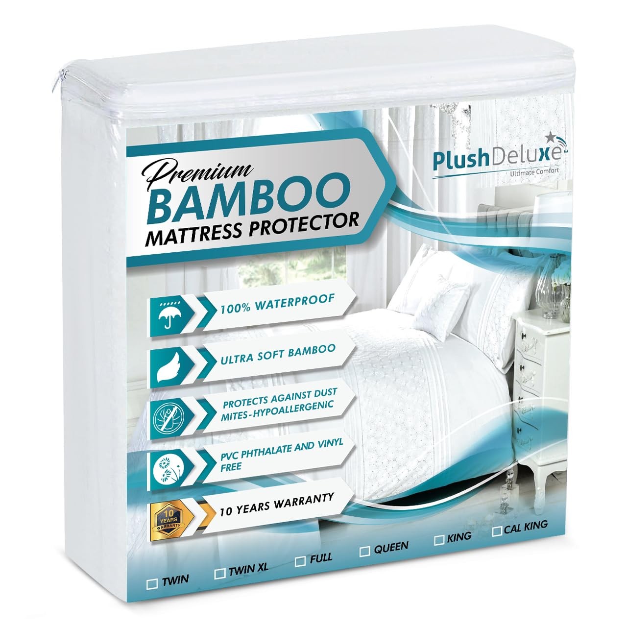 PlushDeluxe Premium Bamboo Mattress Protector – Full Size, Full, White