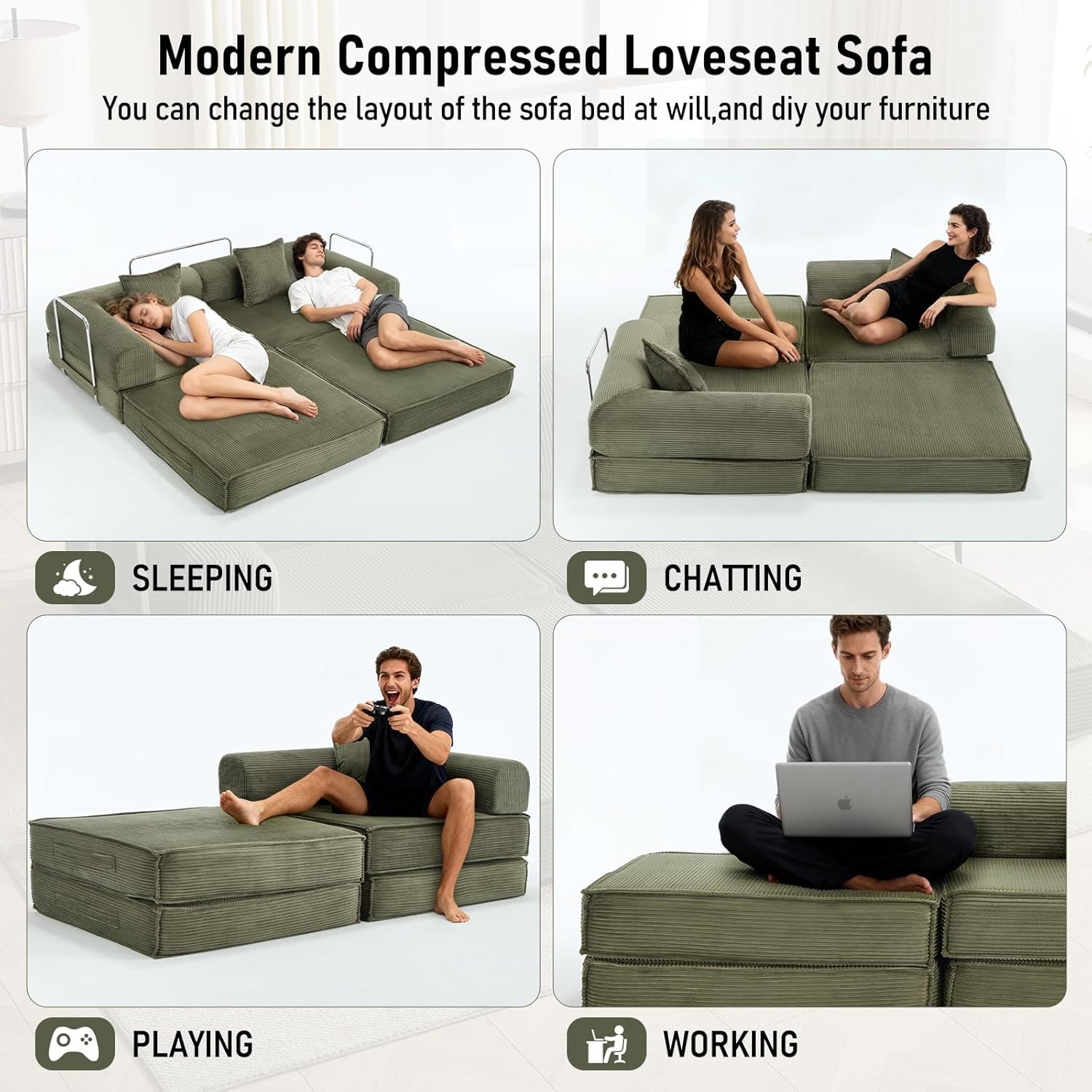 78″ Convertible Sleeper Sofa Bed, Modular Corduroy Couch with 2 Pillows,