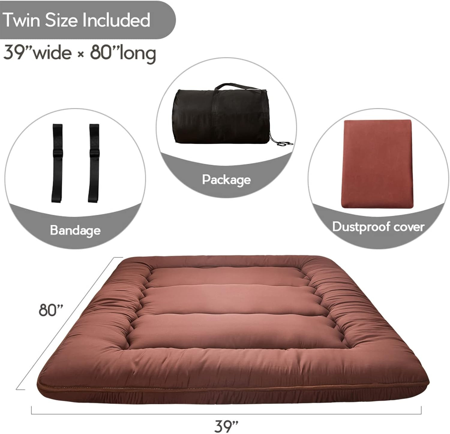 Thick Japanese Floor Futon Mattress, Twin Size Roll-Up Sleeping Pad for Kids