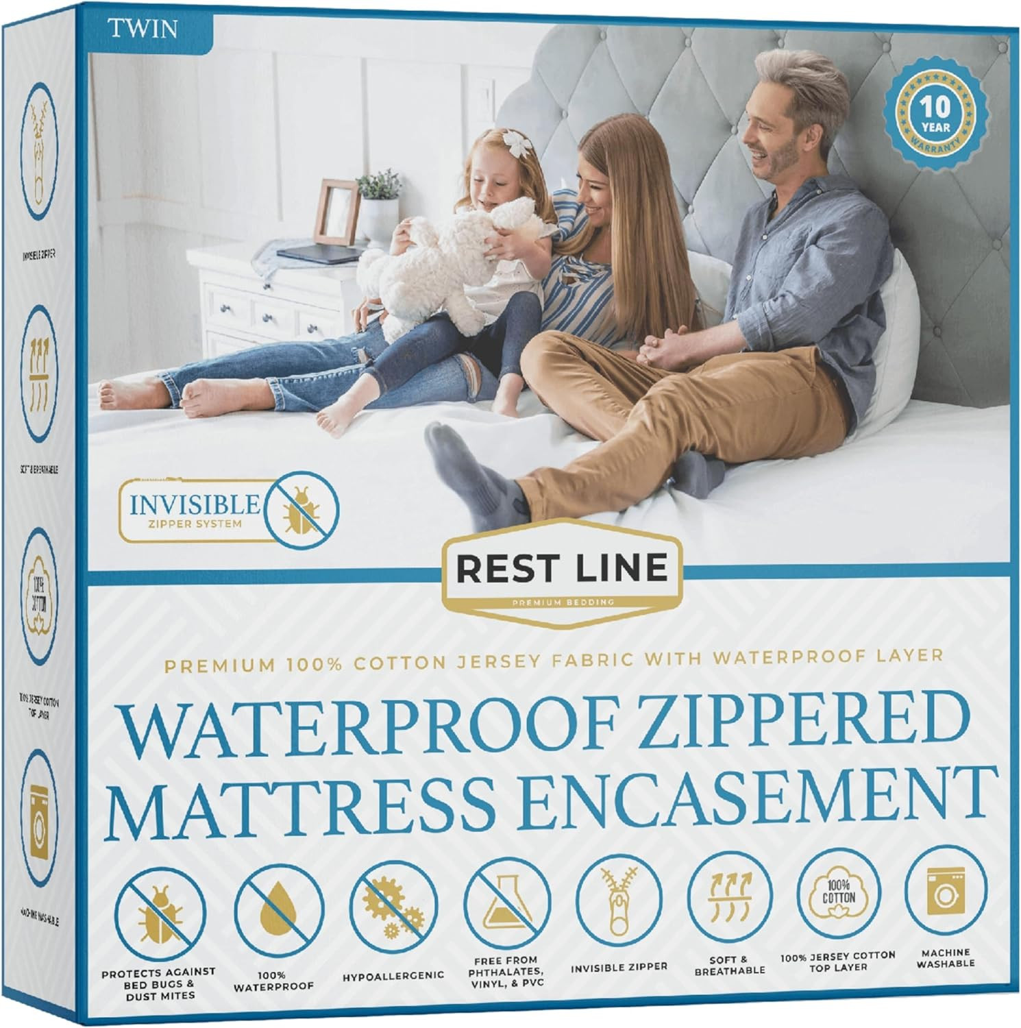 Twin Size 39X75” Premium Waterproof Zippered Mattress Encasement, 100% Cotton, H