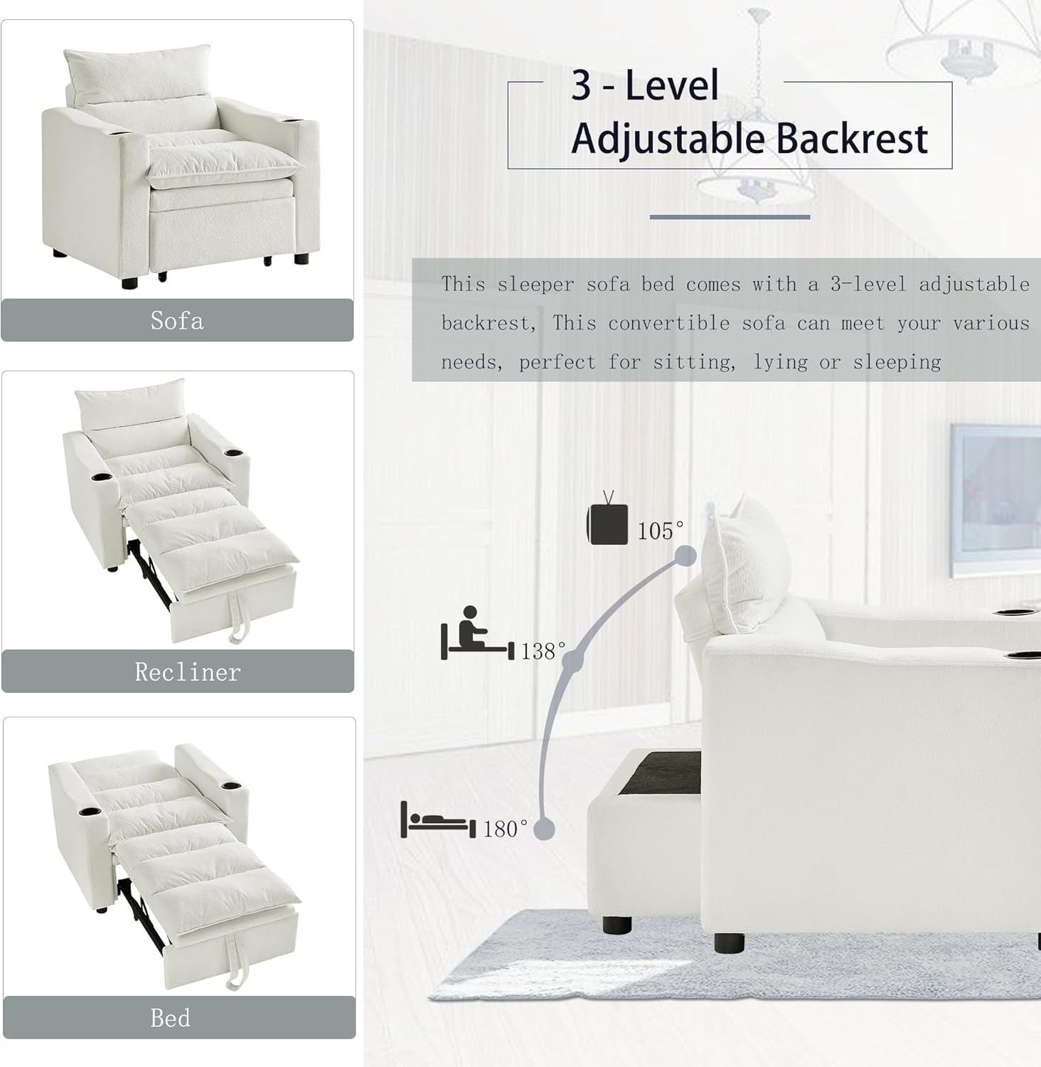 3-in-1 Convertible Sleeper Chair Bed Recliner Daybed w/Adjustable