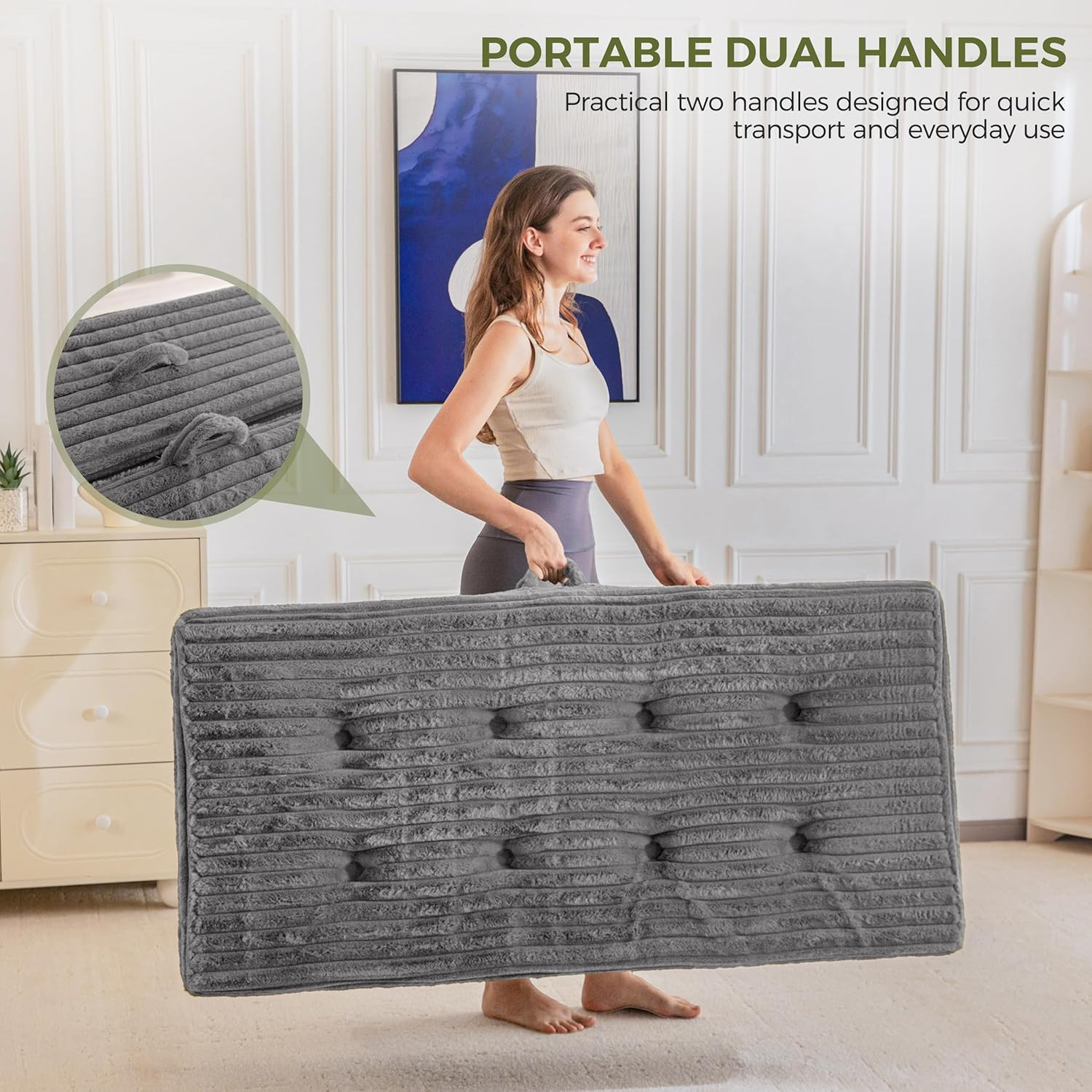 Portable Tri-Fold Folding Mattress with Handles – Soft Faux Fur, Full, Grey