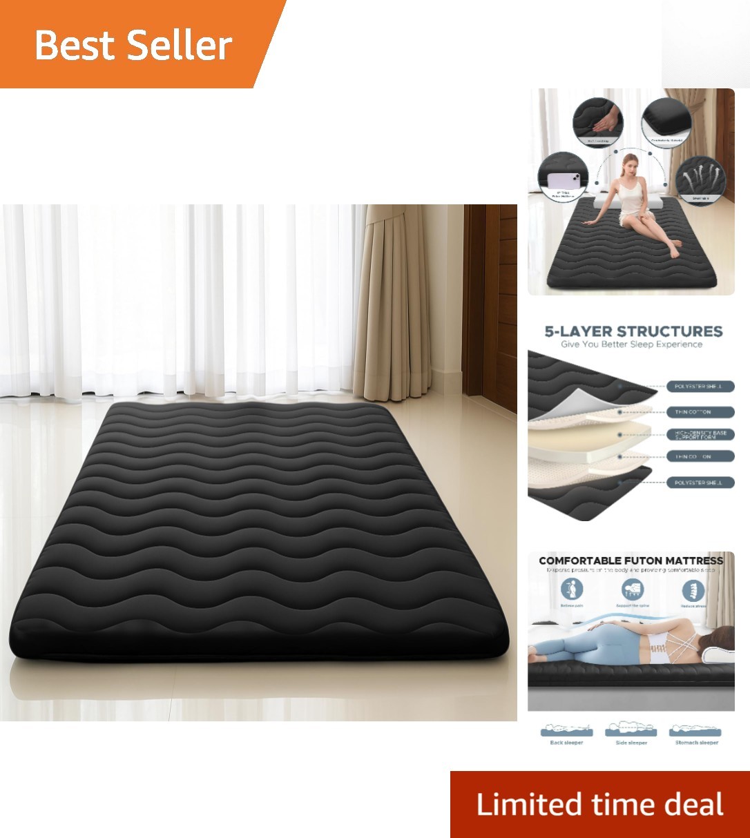 Lightweight Japanese Floor Mattress | Foldable 4″ Foam Sleeping Pad, Black, Twin