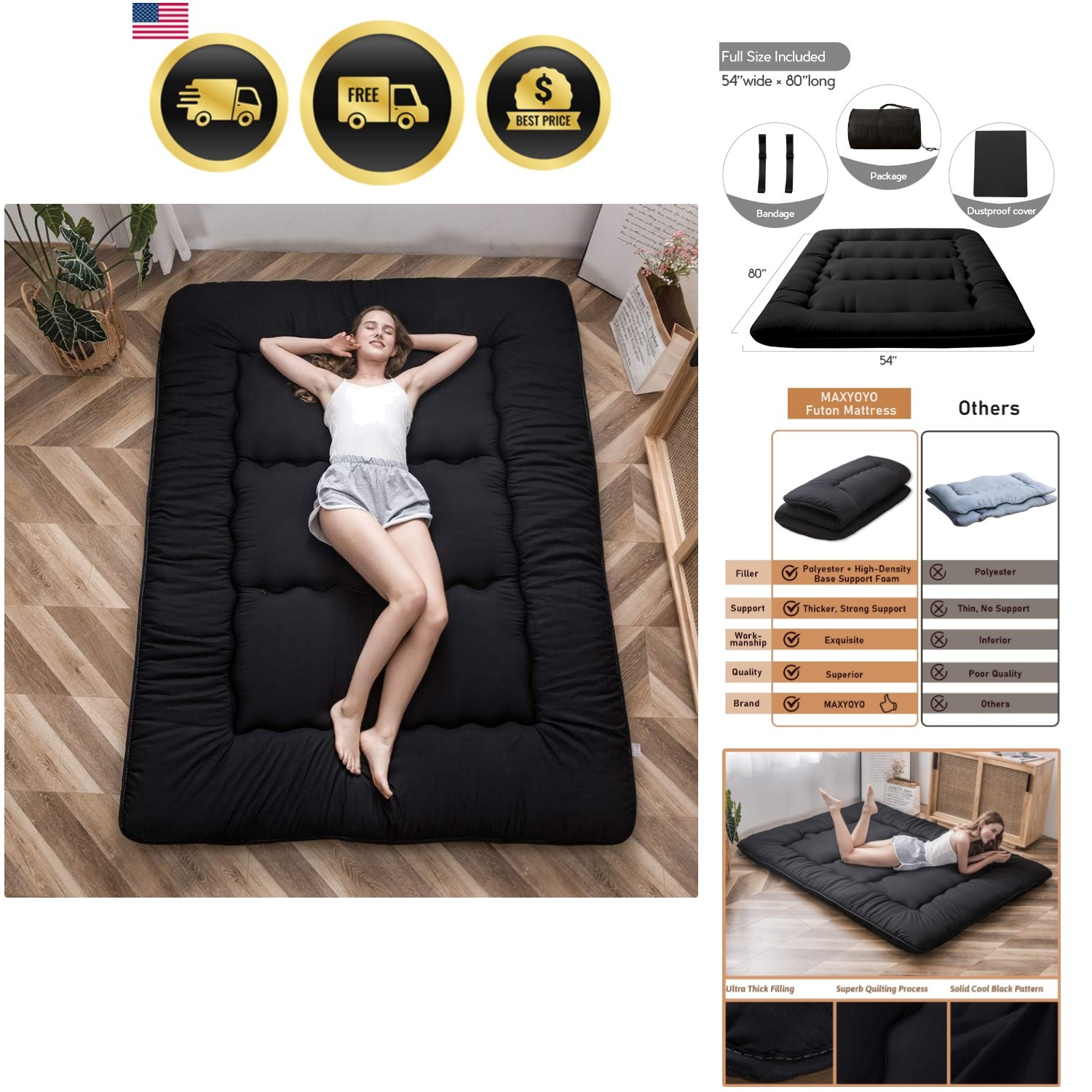 Japanese Floor Mattress Futon Mattress Roll Up Mat Foldable Portable Tatami P…